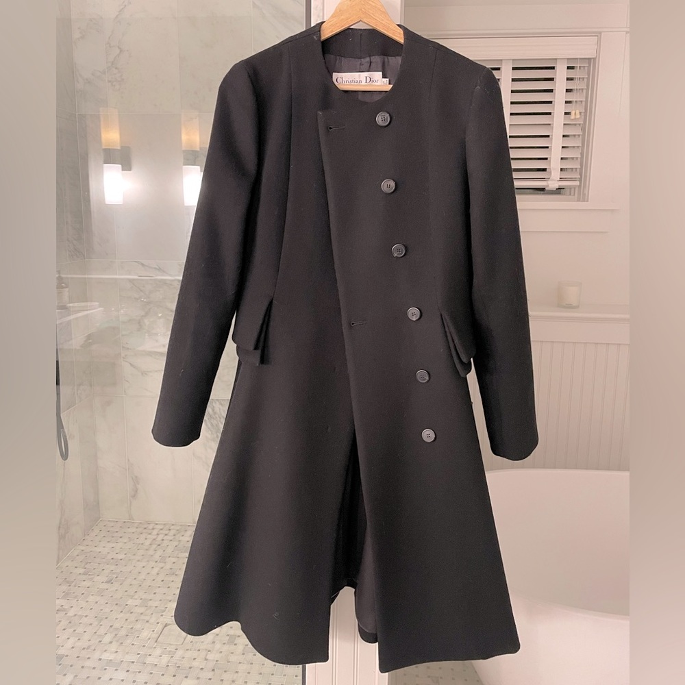 Dior Navy, drop waist, side peplum formal midi coat, wool and cashmere